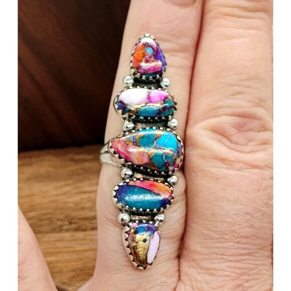 Handmade Dahlia Turquoise Sterling Silver Long Blossom Ring Size 7 Pink Purple - Picture 2 of 7